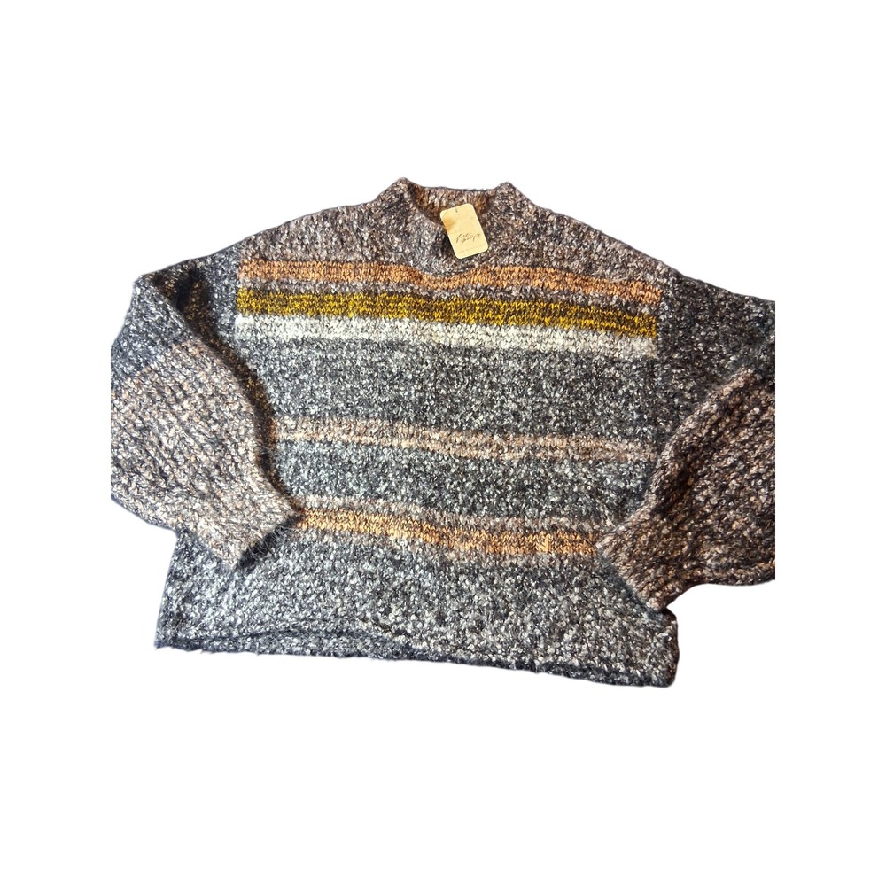 Free People Onyx Combo Striped Boucle Knit Sweater OB2340416 Black Small NWT